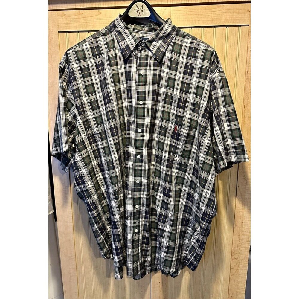 Ralph Lauren Shirt Blake Mens 2X Navy Blue Plaid Short Sleeve Preppy Casual